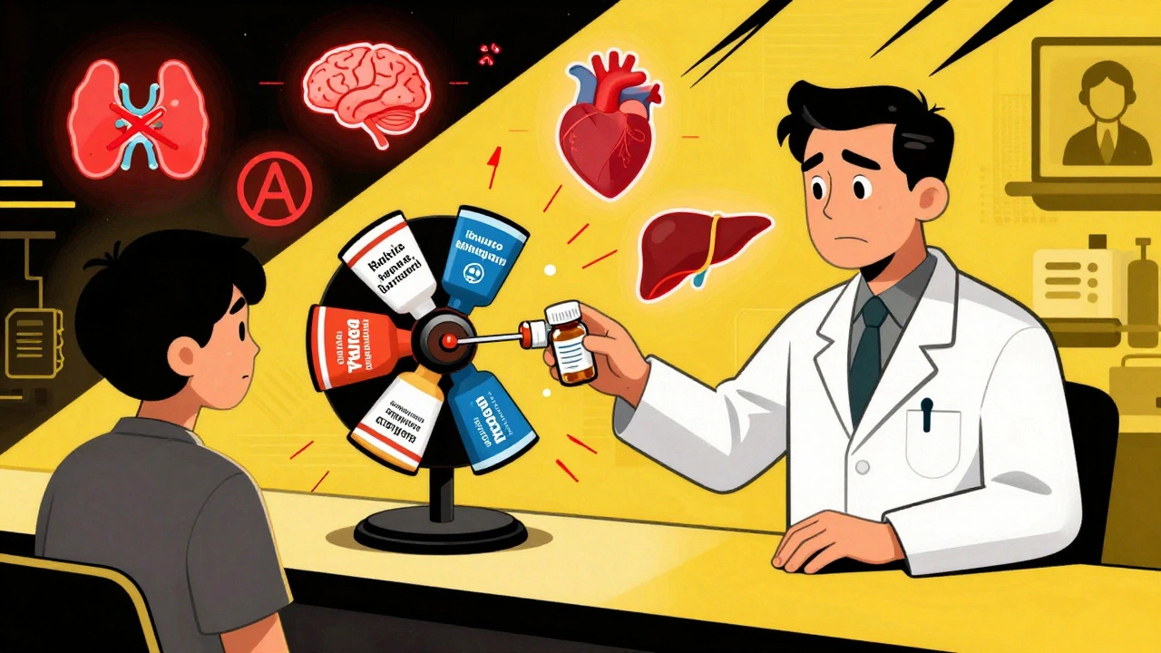 Apotheker reicht eine Pillenflasche, deren Etikett sich in fünf verschiedene Generika-Formen verwandelt, medizinische Symbole leuchten rot.