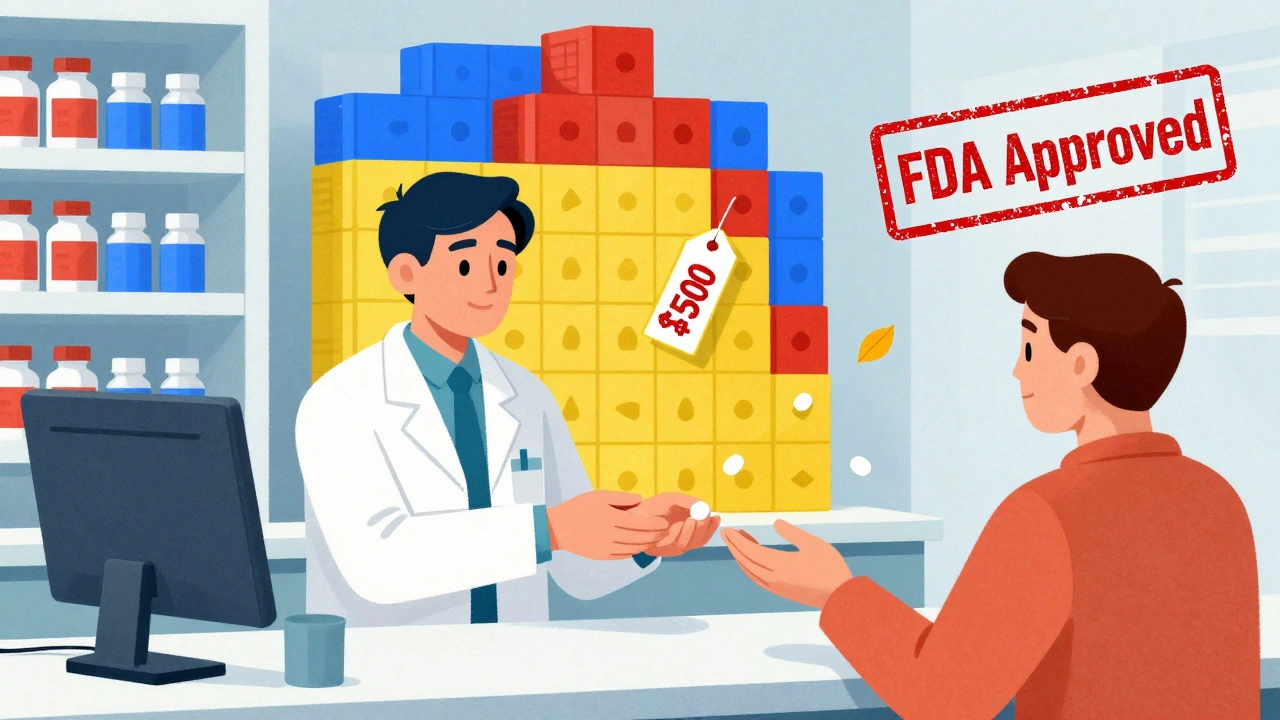 Apotheker reicht einem Patienten eine Generika-Tablette, während hinter ihm ein Berg billiger Pillen als Monument steht.