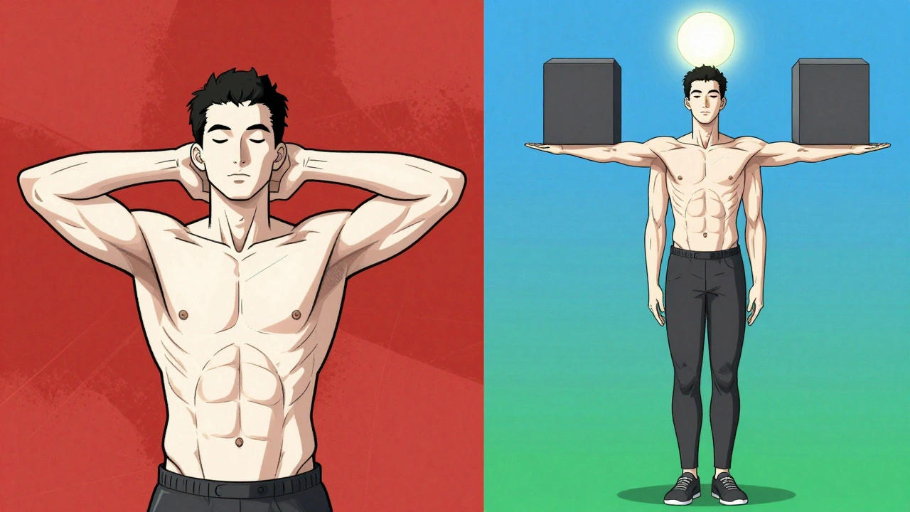 Aufteilung: links eine Übung zur Haltungskorrektur, rechts dieselbe Person mit gerader Haltung und einem leuchtenden Gleichgewichtsball über den Schultern.