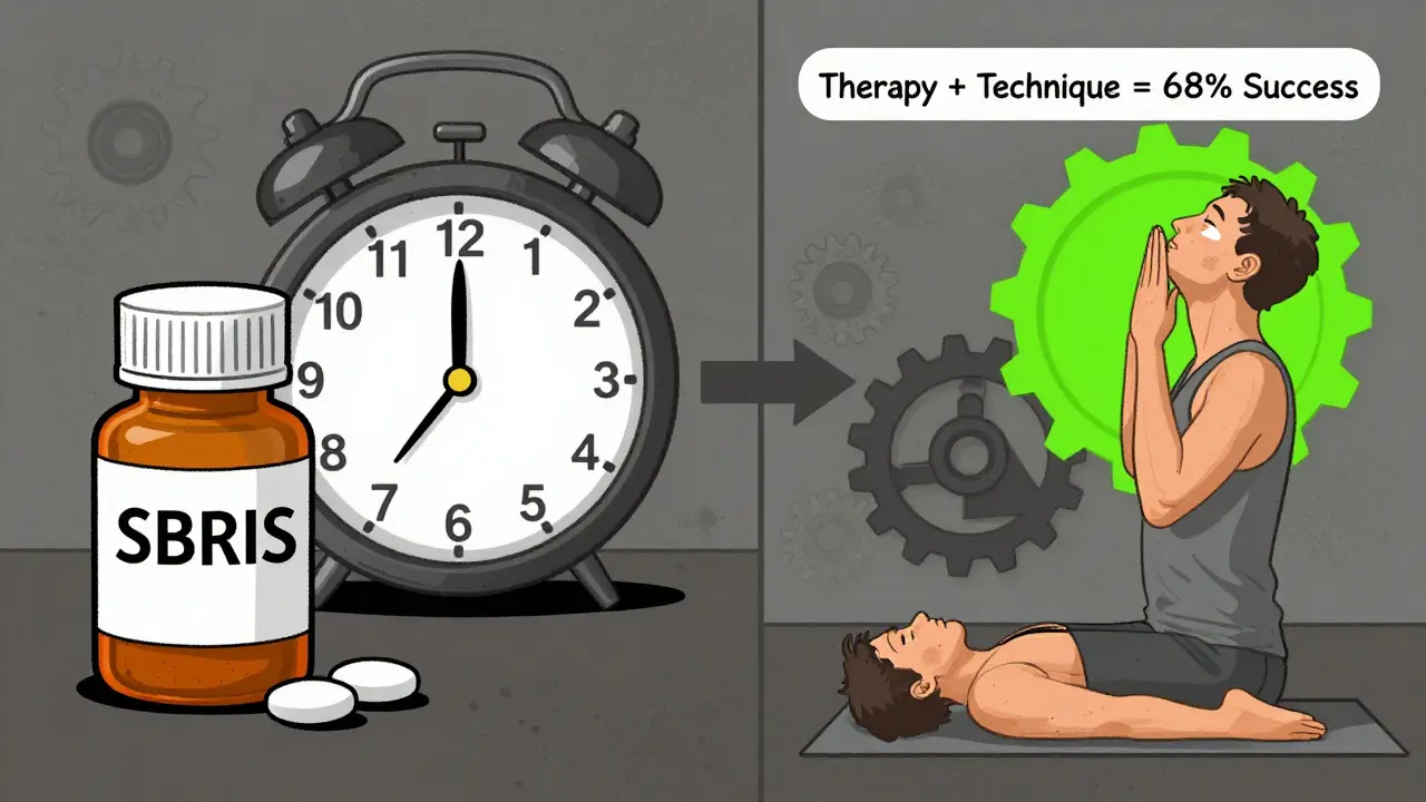 Aufteilung: Medikamente und Atemtechnik, Zahnrad verbindet Therapie mit Erfolg, industrieller Stil.