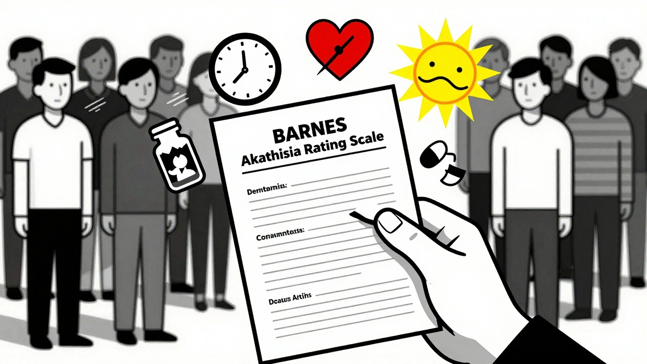 Barnes-Score-Formular mit Warnsymbolen, Patienten in Reihen mit bewegten Körpern, gelbe Akzentfarben.