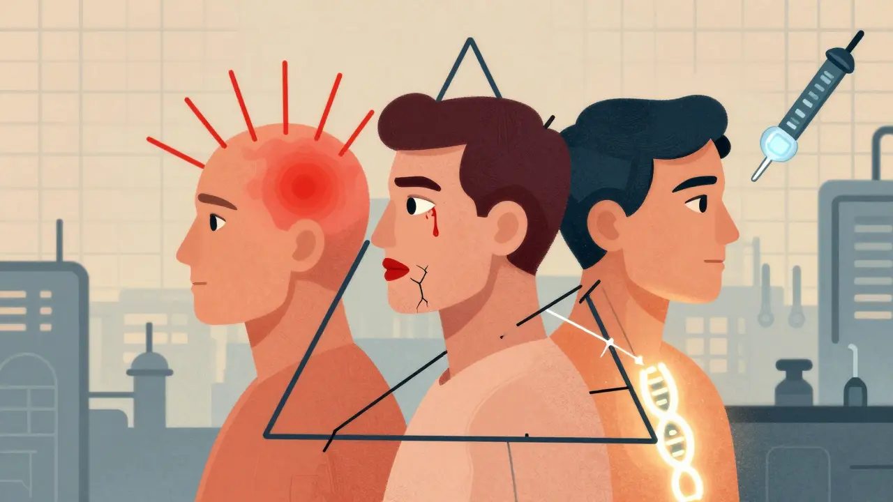 Drei Porträts mit genetischem Risikosymbol und klinischen Symptomen in konstruktivistischem Stil.