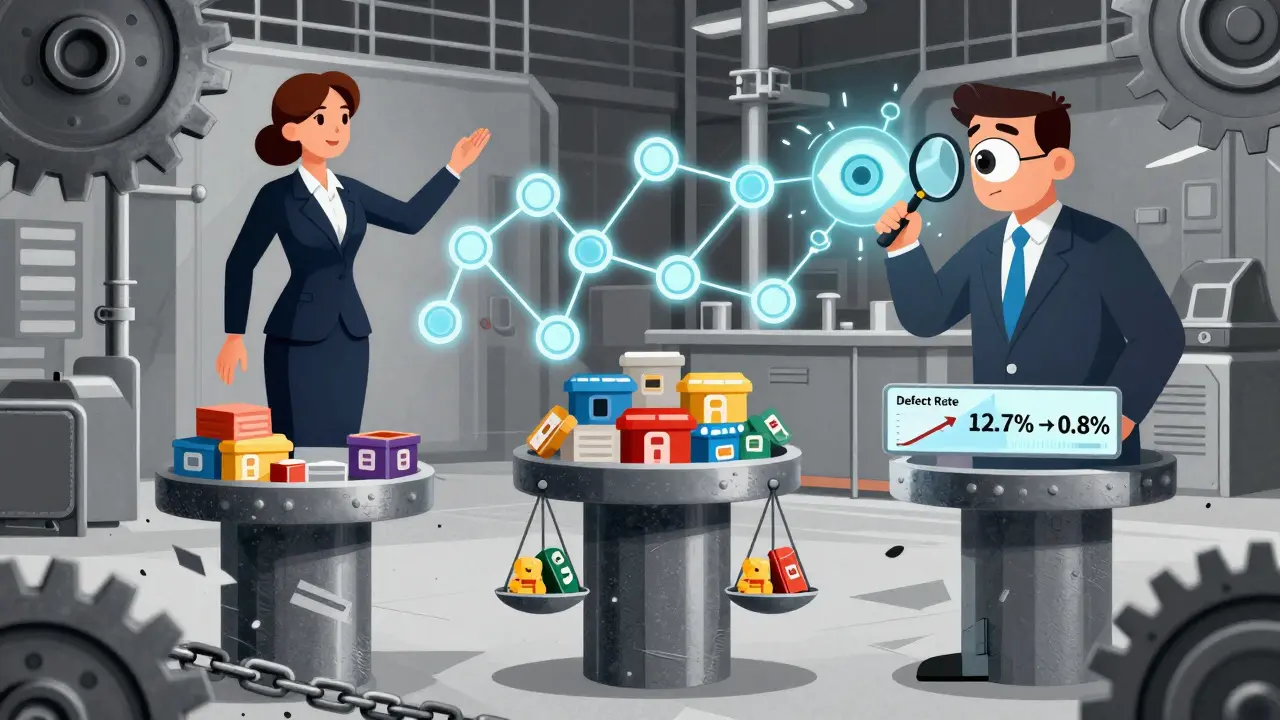 Drei Säulen der Qualität: Managerin, Blockchain und unangekündigte Prüfung sichern Produktsicherheit.