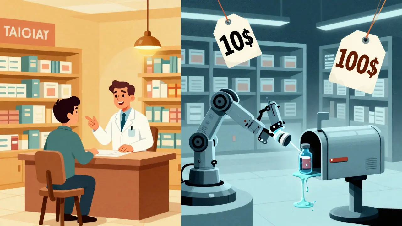 Ein Apotheker spricht mit einem Patienten links, rechts schmilzt Insulin in einem heißen Paket.