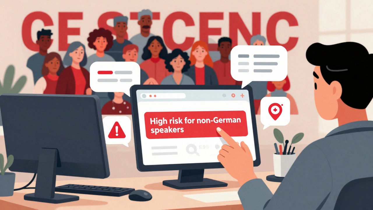 Ein digitales Gesundheitssystem warnt vor Risiken für nicht-deutschsprachige Patienten, während eine Gemeinschaft hinter ihm sichtbar wird.