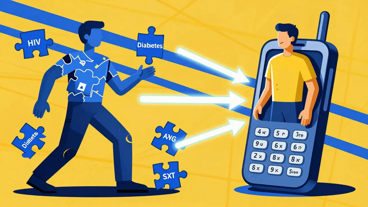 Ein menschlicher Körper wird durch SMS-Erinnerungen wieder vollständig, dargestellt als geometrische Konstruktion.