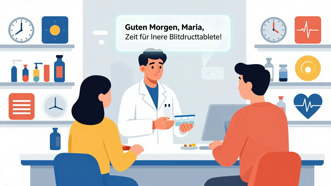 Eine Apothekerin übergibt einem Patienten einen Pillenorganizer mit einer holographischen SMS-Erinnerung.
