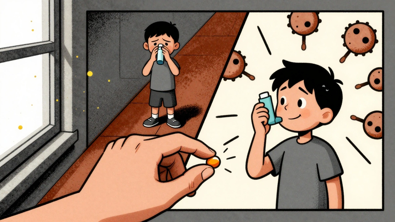 Elternteil gibt Kind eine Tablette, während Pollen und Atemwege als schematische Symbole dargestellt sind.