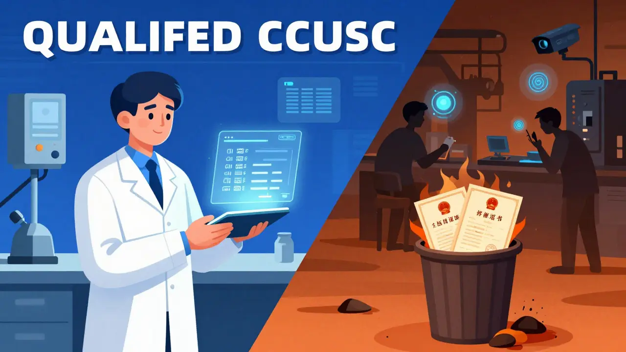 EU-Qualitätsbeauftragte prüft Blockchain-Daten, während gefälschte Dokumente verbrennen.