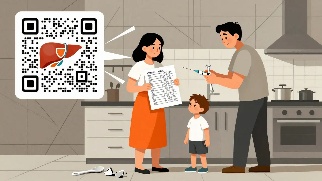 Familie misst Medikament nach Gewicht, gekennzeichnet mit QR-Code und verworfenen Küchenspoons.