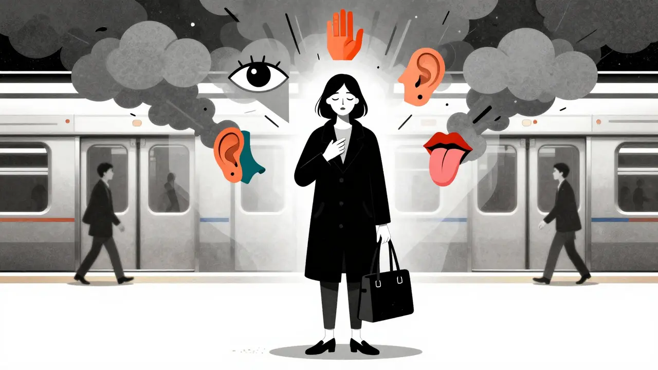 Frau in U-Bahn, fünf Sinne als geometrische Symbole, Panikwellen lösen sich auf.