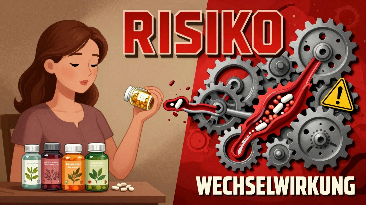 Frau nimmt Kräuter, während ihre Blutbahn von sich kreuzenden Zahnrädern gestört wird.