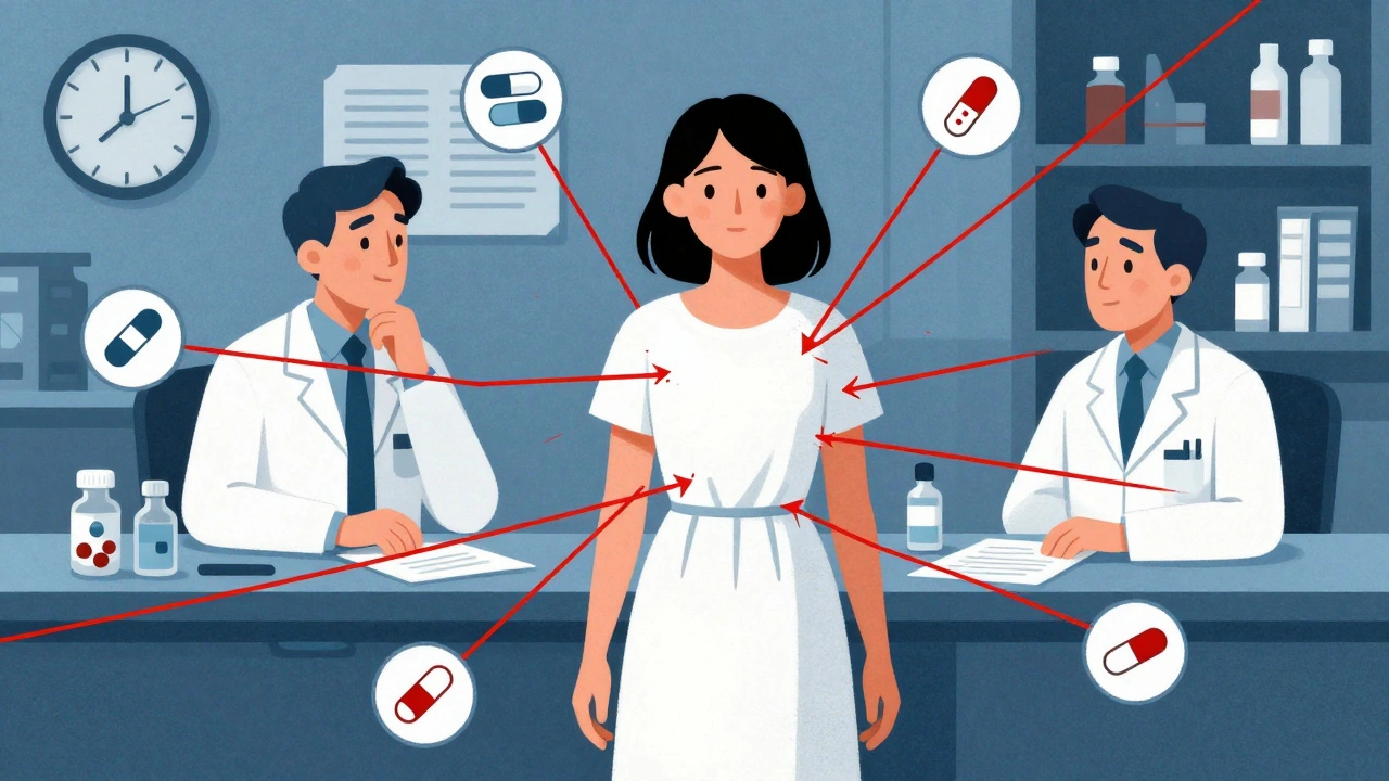 Frau umgeben von roten Fäden, die von Medikamenten ausgehen, während Arzt und Apotheker beraten.