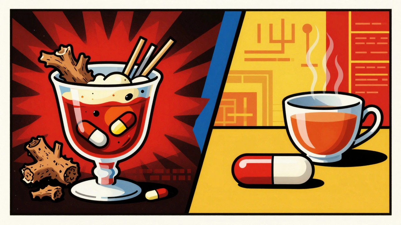 Gefährliche Substanzen links, GABA-Kapsel rechts — kontrastierende Szenen in geometrischem Stil.