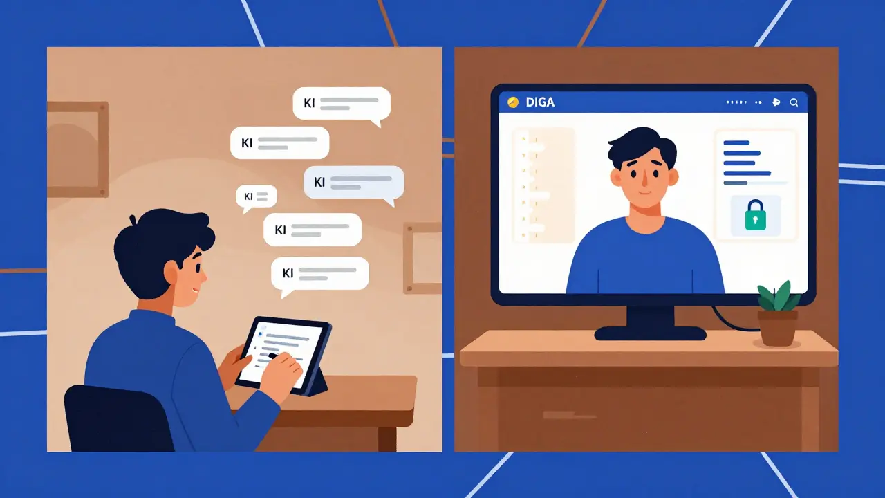Gesichter von Menschen: einer allein mit einer KI-App, der andere in Videotherapie mit einem Therapeuten, symbolisch getrennt durch geometrische Linien.
