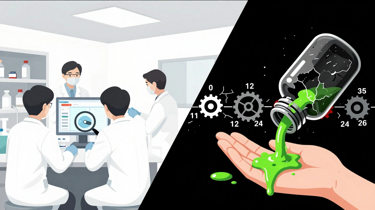 Gespaltenes Szenario: Sauberes Labor links, giftiger Zerfall rechts, verbunden durch eine gebrochene Zeitachse.