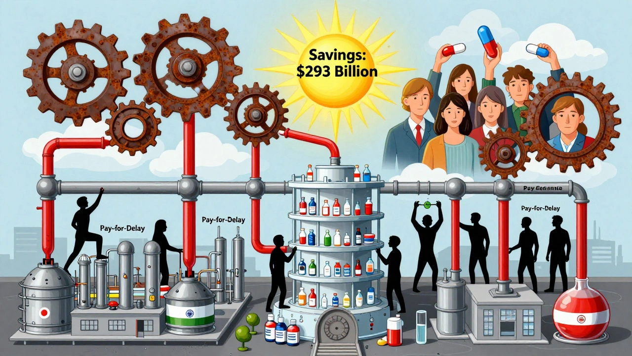 Globale Lieferkette von Generika als geometrische Maschine, mit Unterbrechungen durch korrupte Gegenkräfte und riesigen Einsparungen oben.