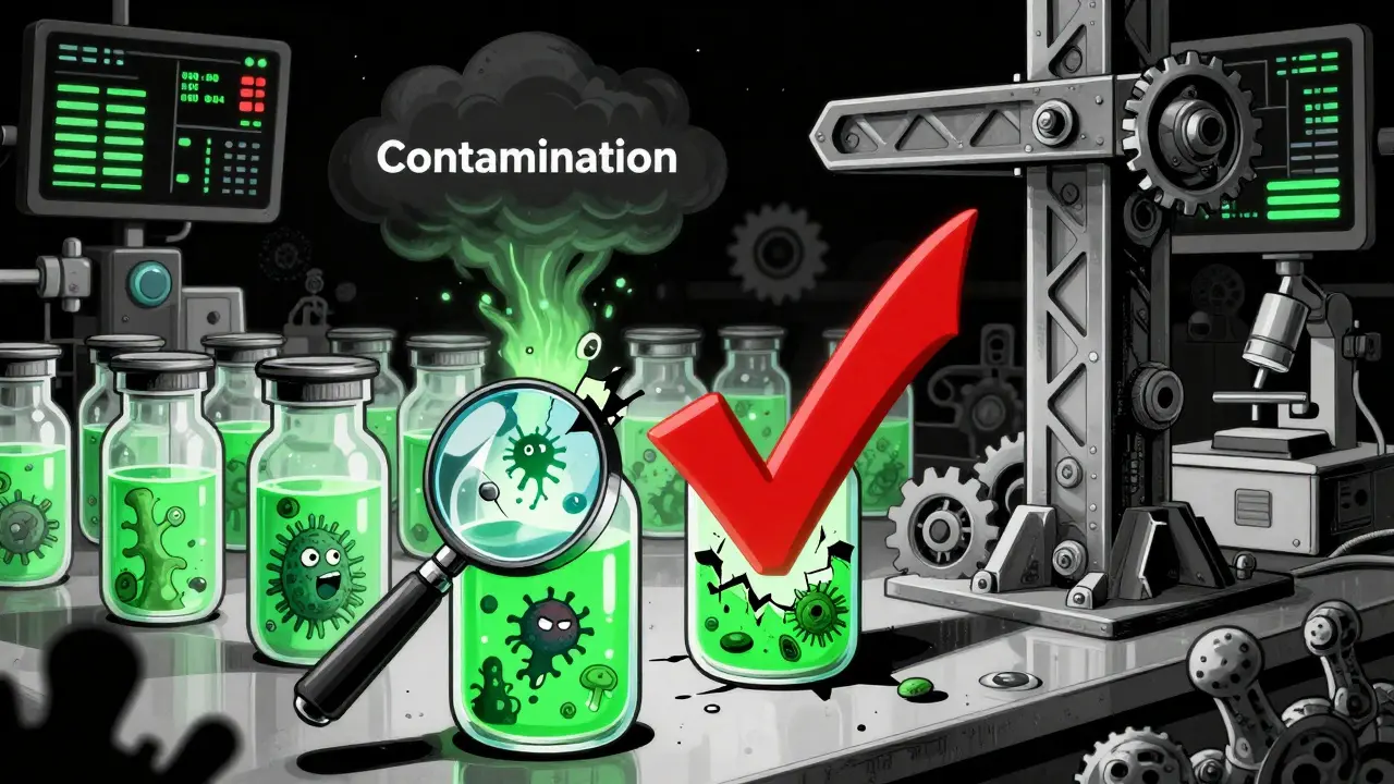 Glowende Nährmedien mit wachsenden Mikroben, eine kontaminierte Flasche wird von einem Stahl-Gerüst zerquetscht.