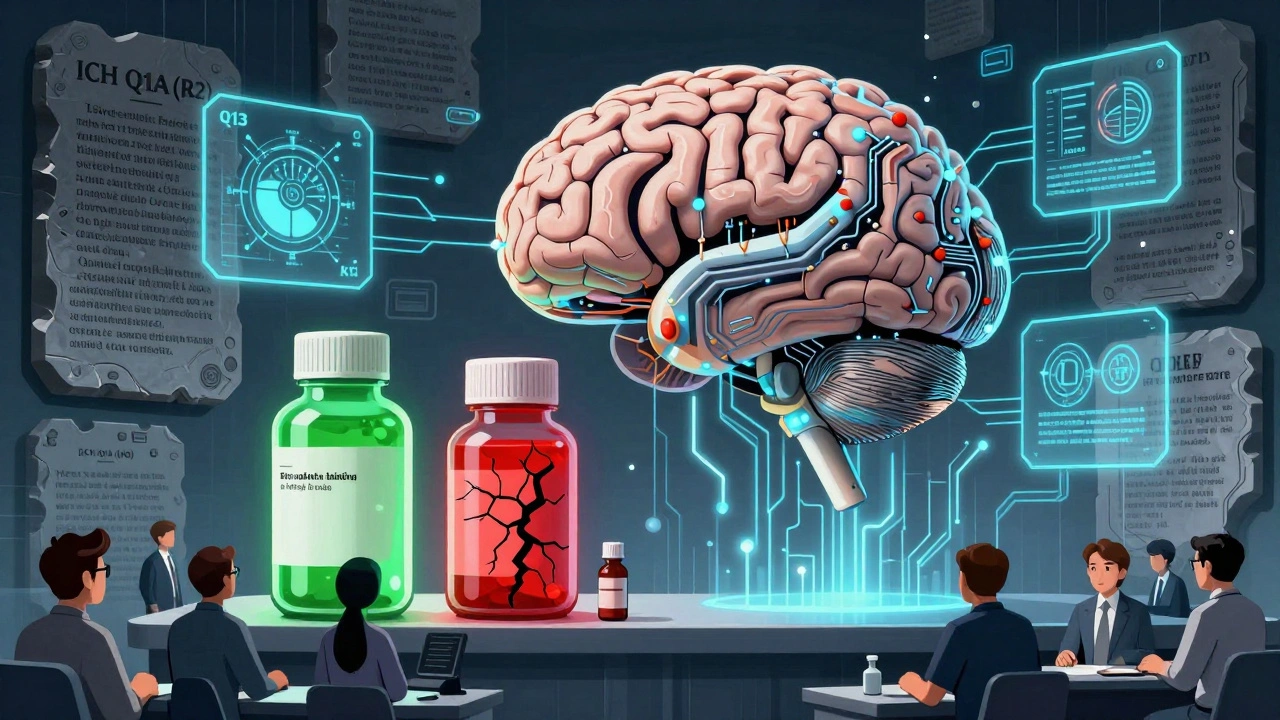 KI-Geist aus Datenströmen überwacht Medikamentenstabilität, rot-grüne Warnsignale in konstruktivistischem Design.