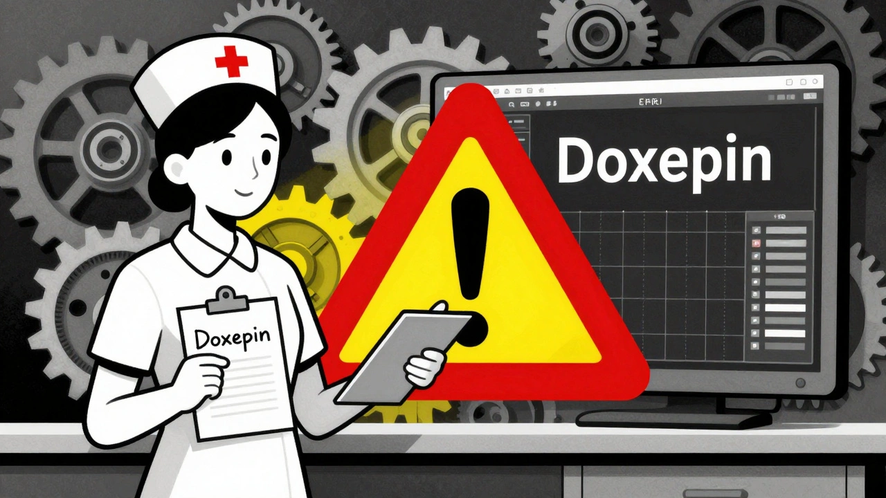 Krankenschwester mit handschriftlichem Rezept und fehlerhaftem digitalen System, rot-gelbe Warnsymbole im Hintergrund.