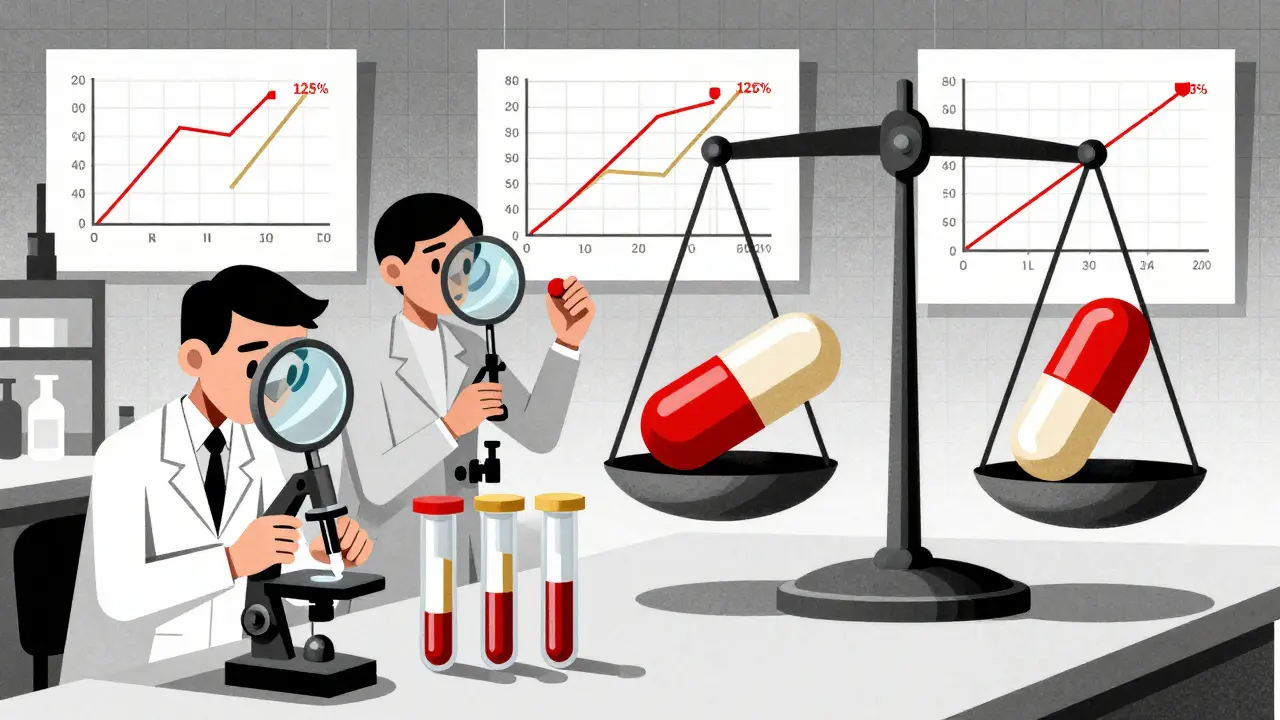 Labor Szene mit Wissenschaftlern und geometrischen Datenbalken, die die Bioäquivalenz-Grenzen von 80% bis 125% darstellen.