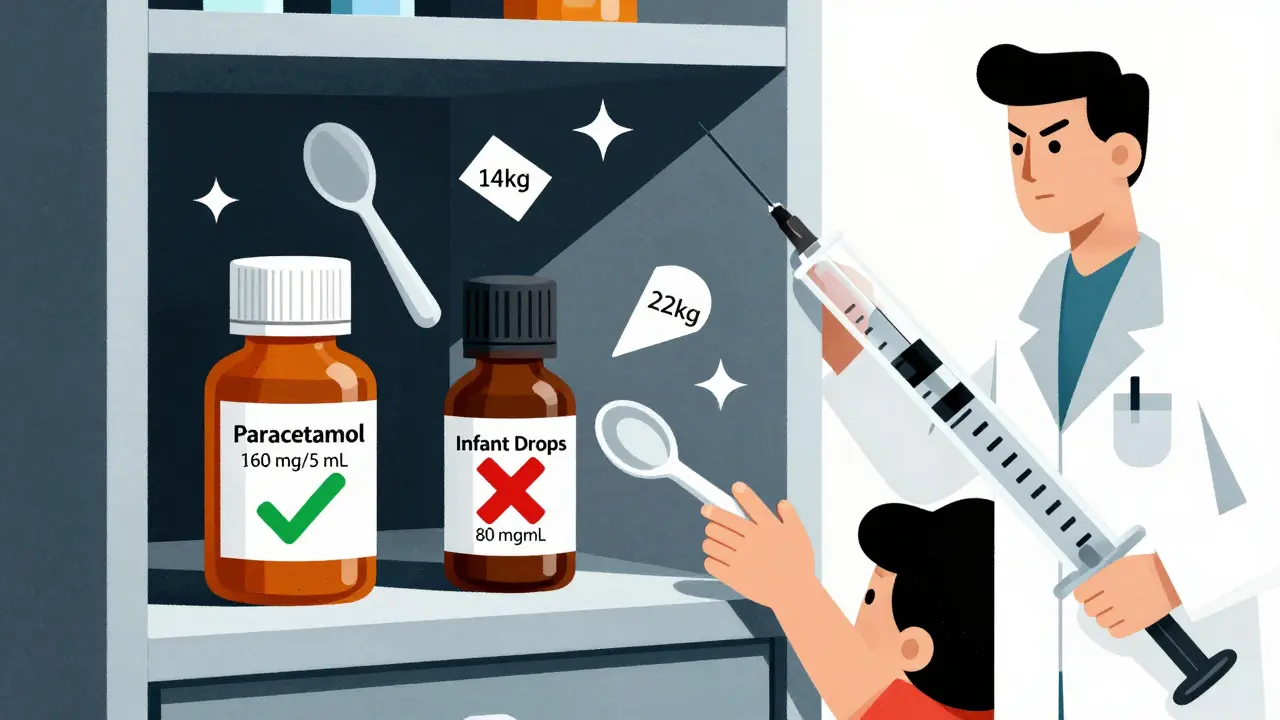 Medikamentenregal mit verschiedenen Flaschen, Küchenspoons und Gewichtsangaben in geometrischer Darstellung.