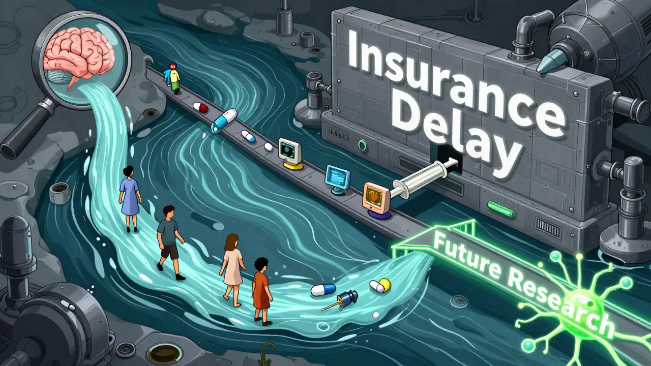 Medizinischer Flussweg mit Blockade durch Versicherungsbarriere und Zukunftspfad mit Neuronen.