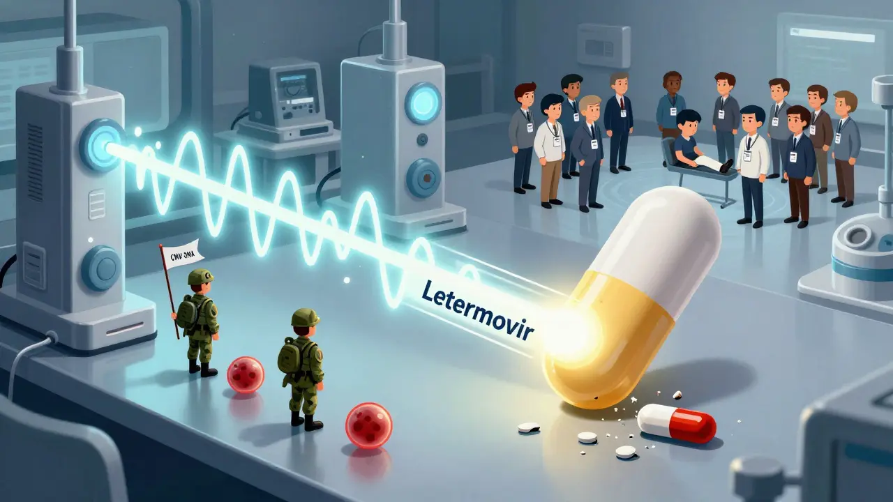 Medizinisches Labor mit CMV-Blutzellen und neuem Medikament Letermovir, das alte Therapie ersetzt.