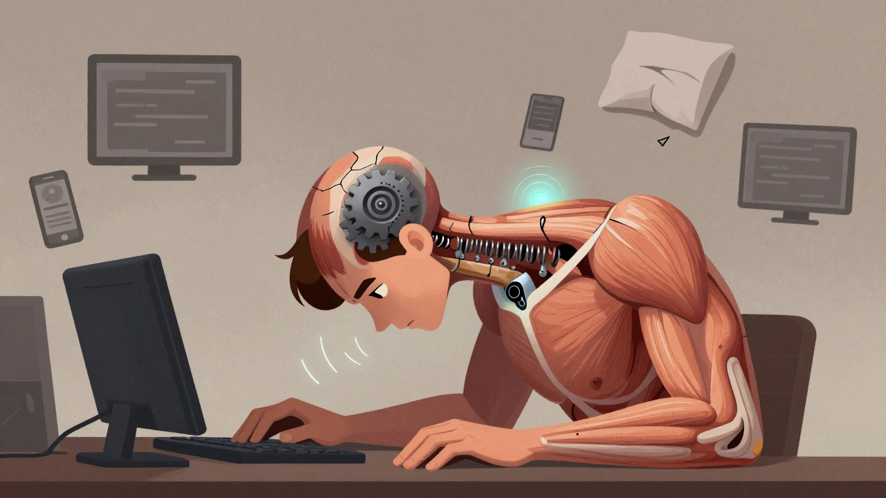 Mensch am Schreibtisch mit vorgebeugtem Kopf, Muskeln als beschädigte Zahnräder, ein Sensor am Hals sendet Vibrationen aus.