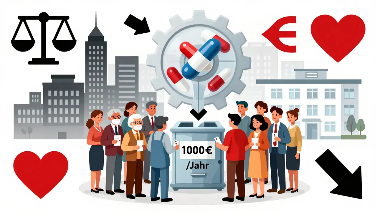 Menschen halten Generika-Päckchen, darüber dreht sich ein Zahnraddrehwerk aus Pillen – Konstruktivismus