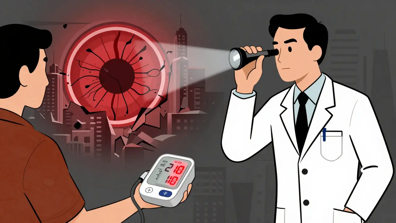 Patient mit Blutdruckmessgerät, dahinter eine zerfallende Stadt als symbolische Netzhaut.
