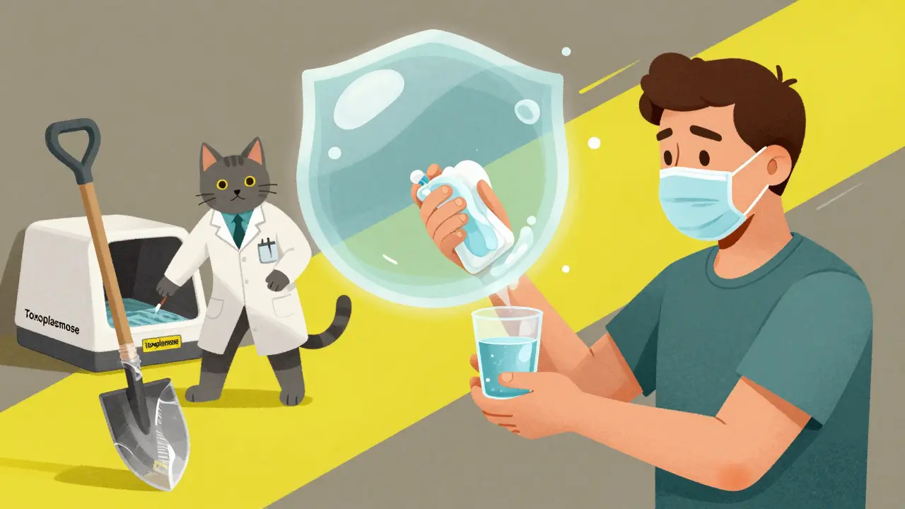 Patient mit Maske und gekochtem Wasser, schützt sich vor Katzenklo und Erde in einer symbolischen Umgebung.