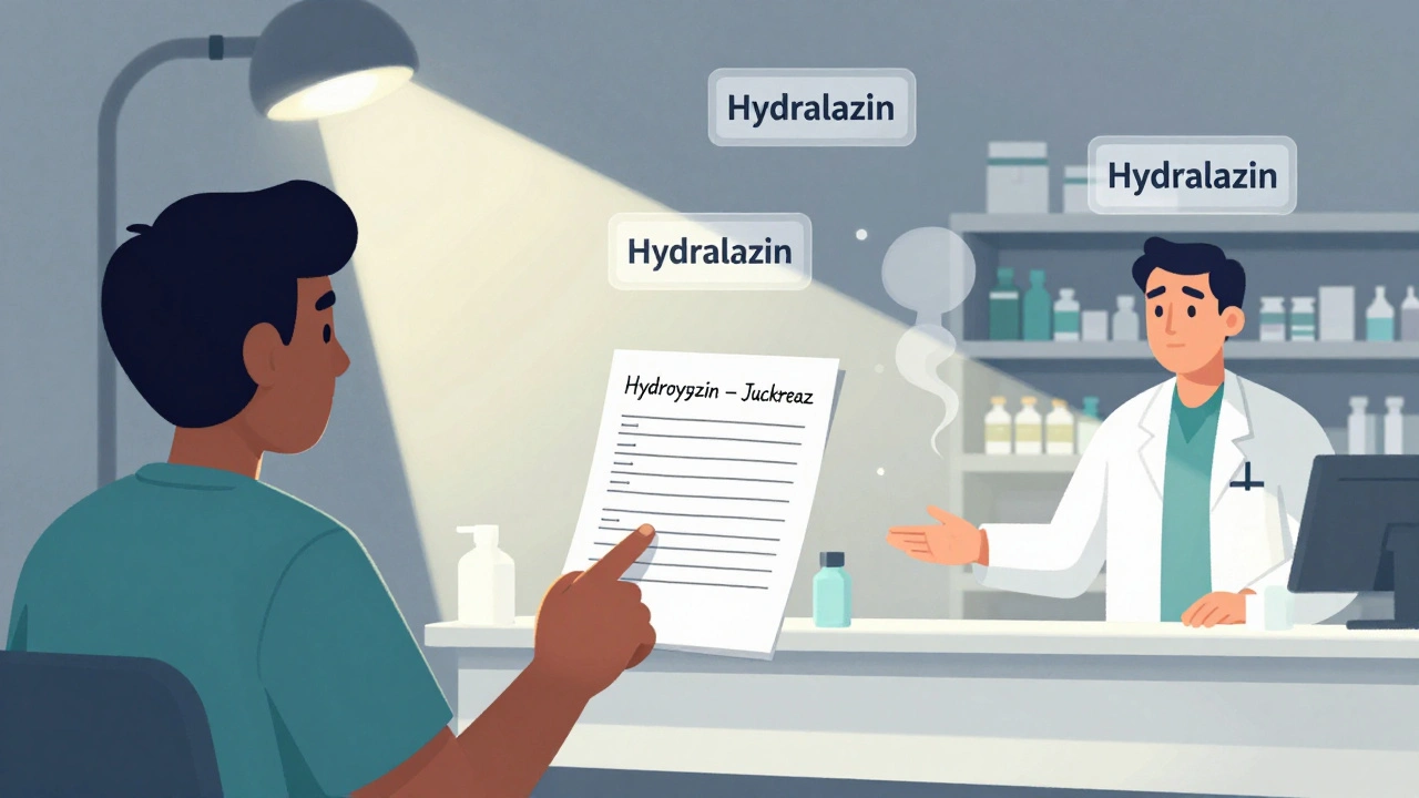 Patient mit Medikamentenliste, Apotheker zögert, ähnliche Namen lösen sich in Rauch auf – Klarheit siegt.