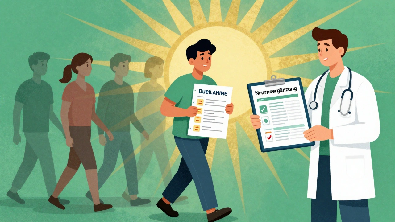 Patient zeigt Arzt seine Supplementliste, während elektronische Akte neue Daten anzeigt.