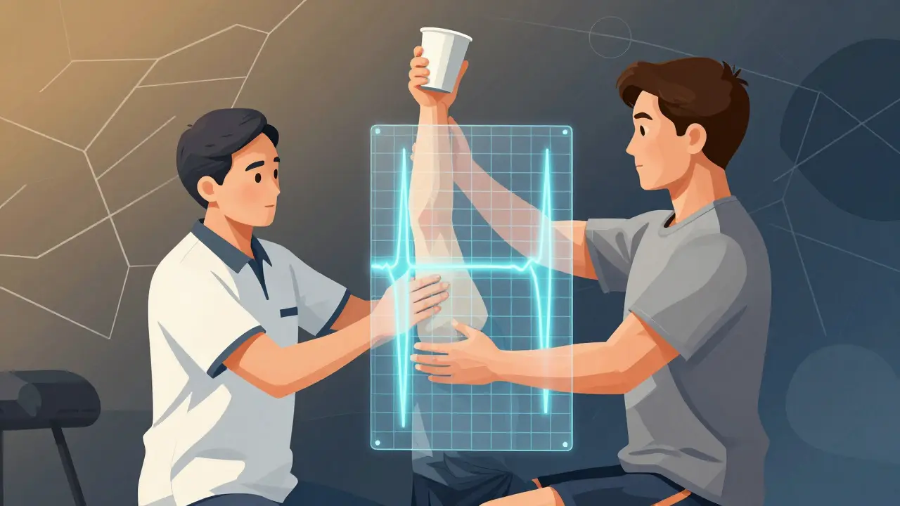 Physiotherapeutin leitet Patientin bei präziser Tassenhebung, digitales Biofeedback zeigt korrigierende Bewegungslinien an.