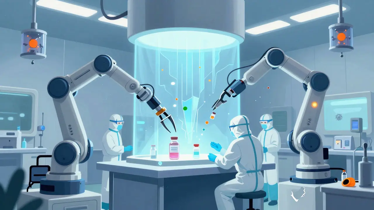 Roboter füllen in einem ISO-5-Reinraum Medikamente unter laminarer Luftströmung ab.