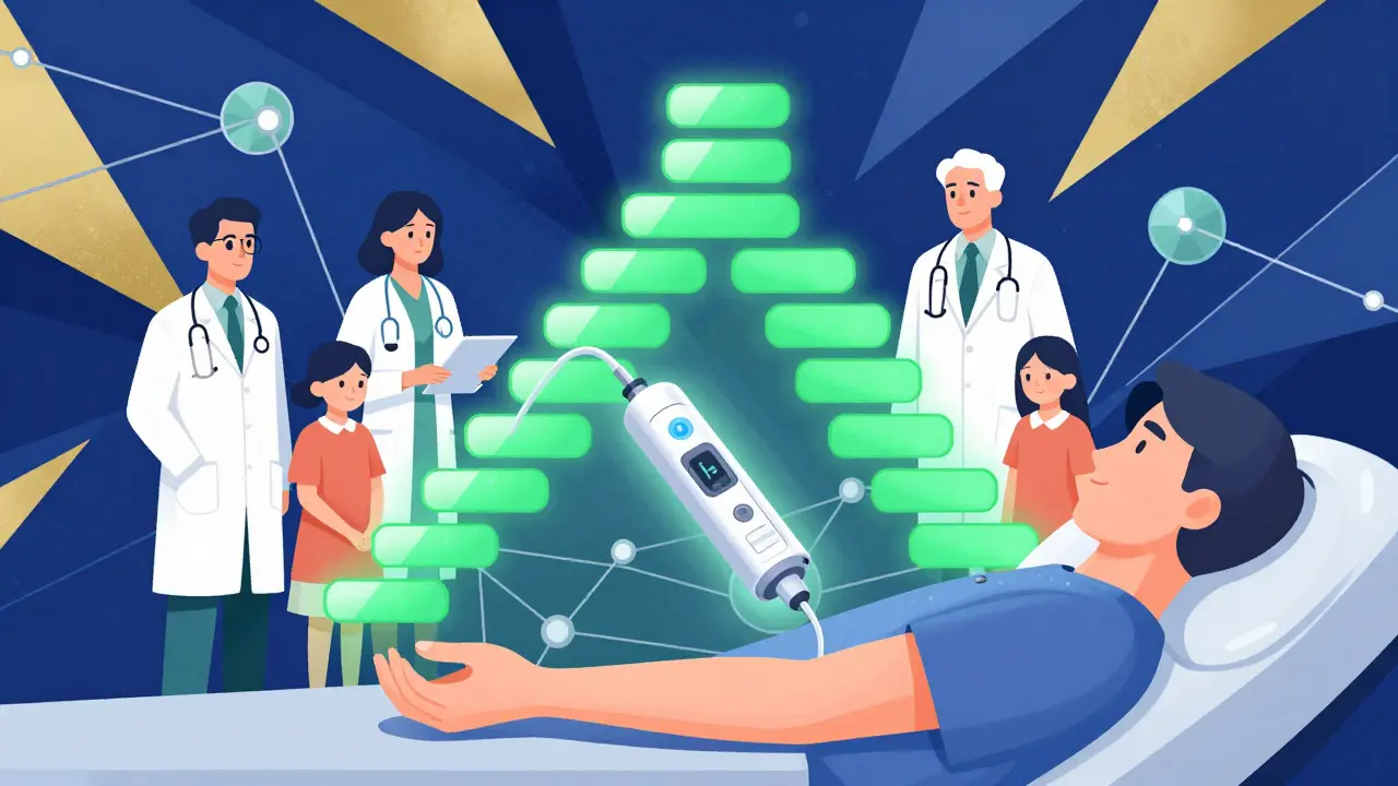 Smart-Injektion mit Sensoren, umgeben von geometrischen Symbolen für medizinisches Team.