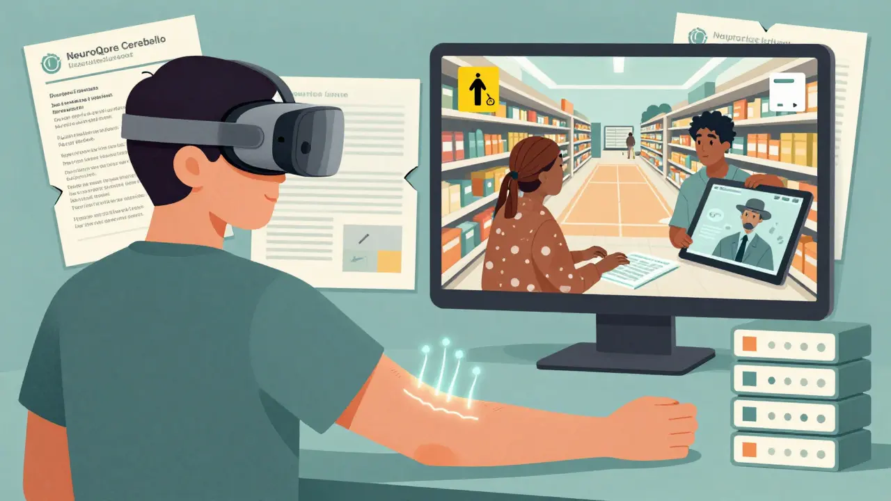 Tragbares Gerät sendet elektrische Impulse, VR-Szene zeigt Supermarkt, Telehealth-Tablet im Hintergrund, symbolisiert technologische Hilfe.