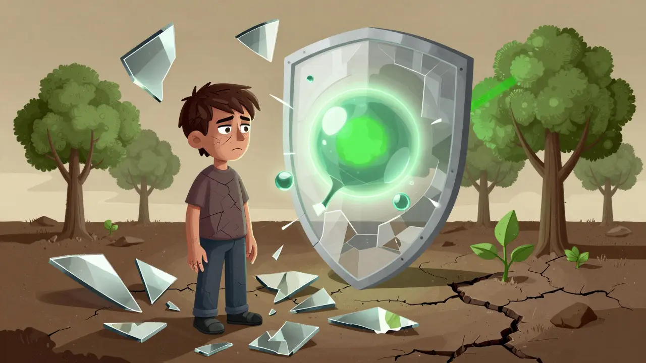Überlebender inmitten von Spiegelsplittern und einem schützenden Molekül, symbolisch für Genesung.