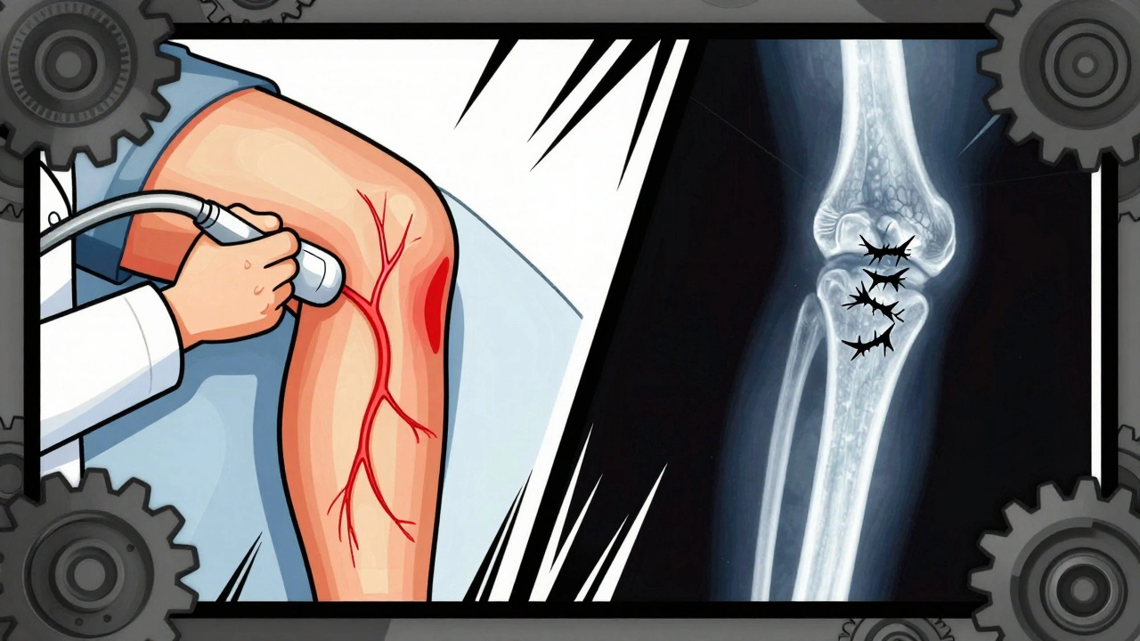 Ultraschall und Röntgenbild eines Gelenks mit Entzündungs- und Erosionsanzeichen im Konstruktivismus-Stil