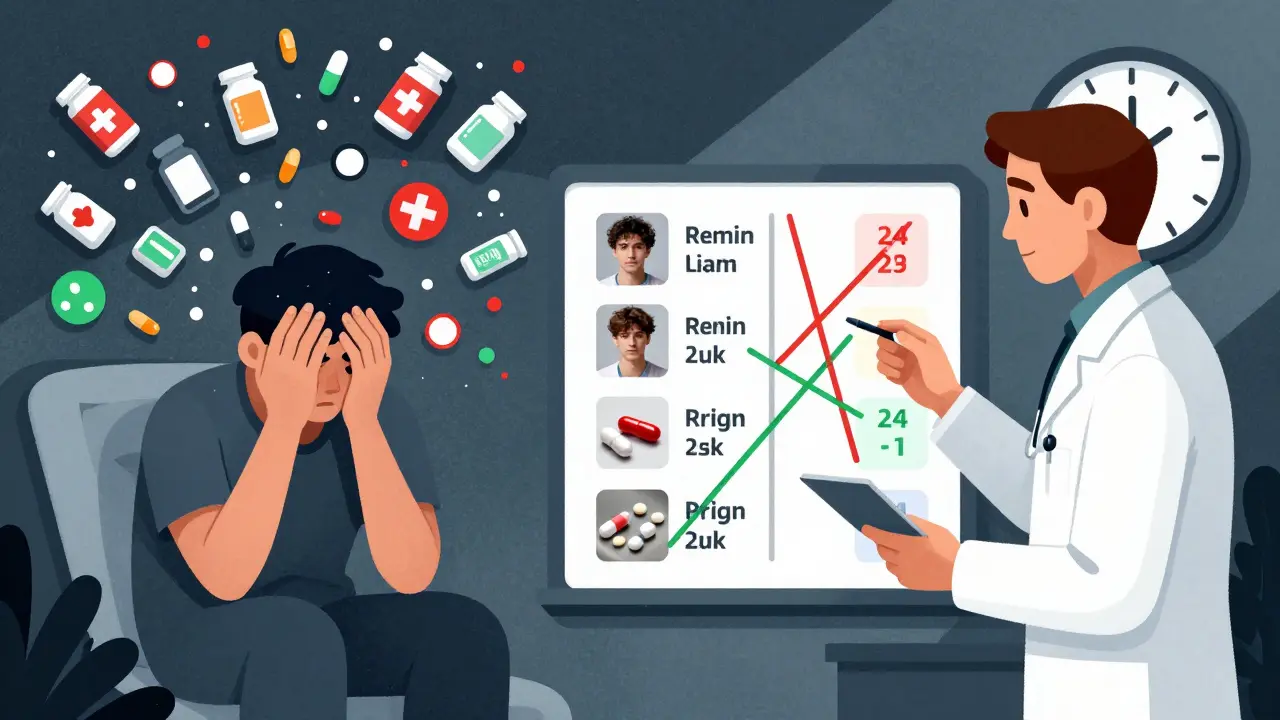 Vergleich: Einzelner Patient von Medikamenten überwältigt vs. Patient mit Fürsprecher und klarem Medikationsplan.