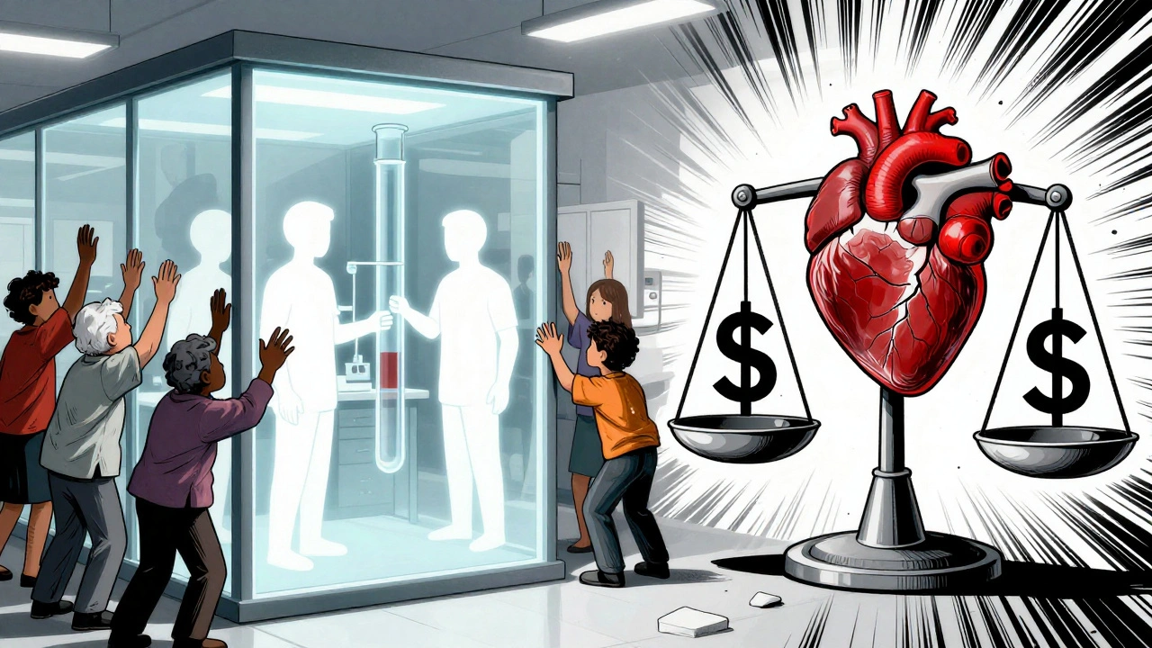 Verschiedene Patienten drücken sich gegen Glaswände, während nur weiße Männer in einer klinischen Studie sichtbar sind.