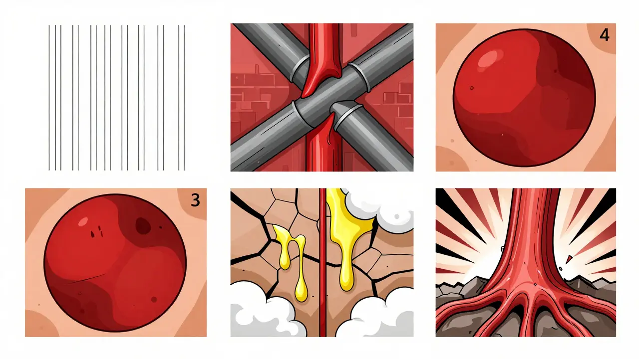 Vier Stadien der Netzhautschädigung als abstrakte, gebäudeartige Strukturen in roten und grauen Formen.