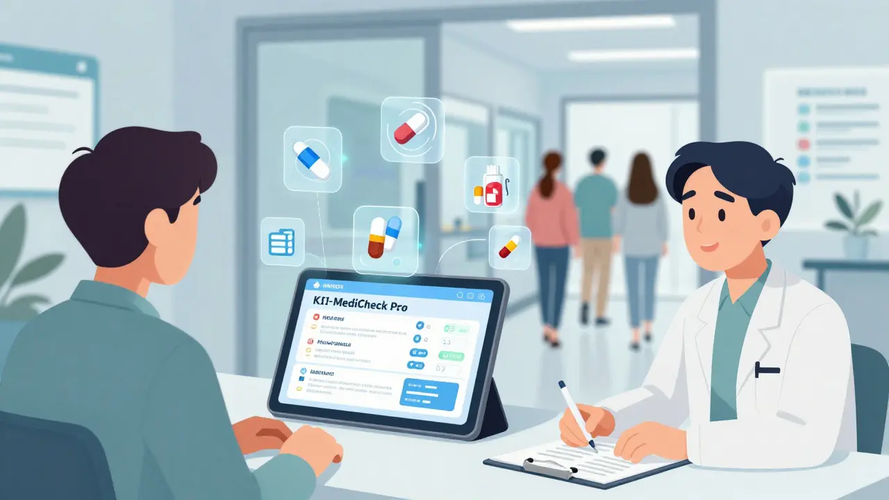 Virtueller Arzttermin mit KI-Tool und digitalem Medikationsplan, Patient und virtueller Fürsprecher betrachten Tablet.