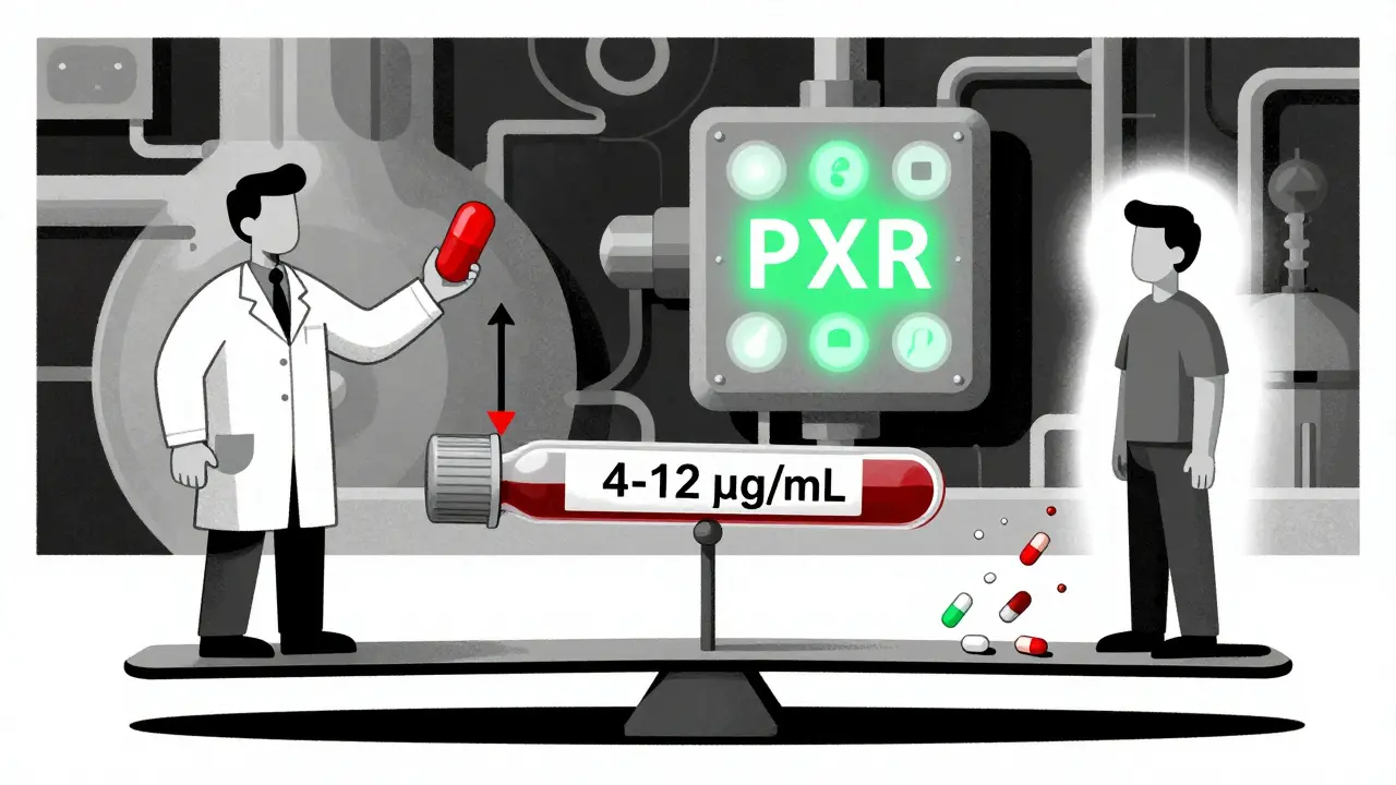 Waage mit Carbamazepin und anderen Medikamenten, balanciert auf Blutspiegelwert, industrielle Hintergrundmaschinerie.