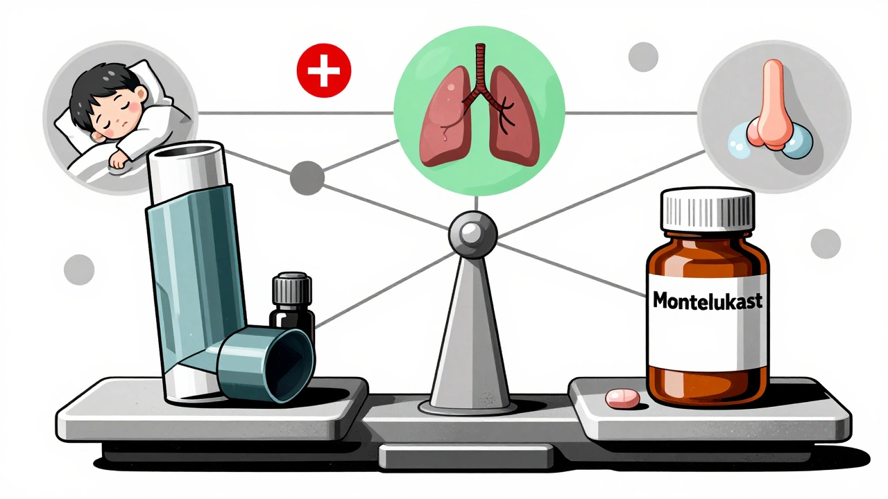 Waage vergleicht Inhalator und Montelukast-Tablette mit Symbolen für Gesundheit und Atemwegsfunktion.