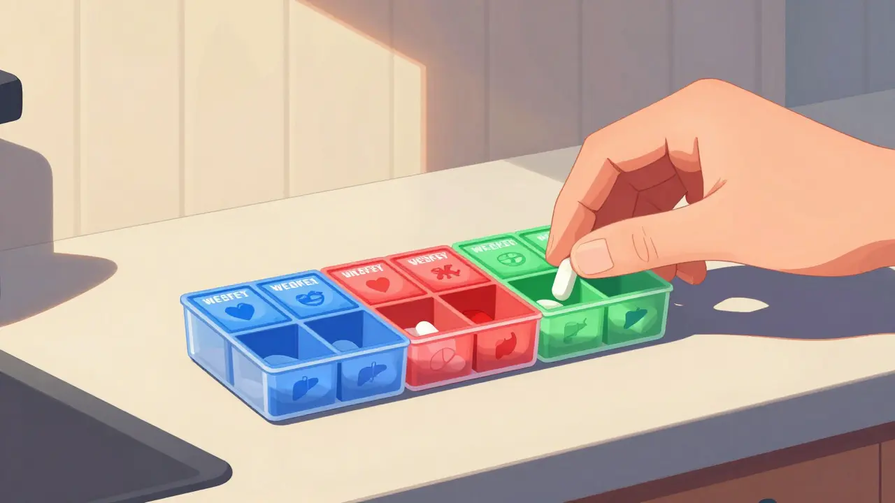 Wochenpillen-Organizer mit farblich gekennzeichneten Fächern auf der Küchenbank.