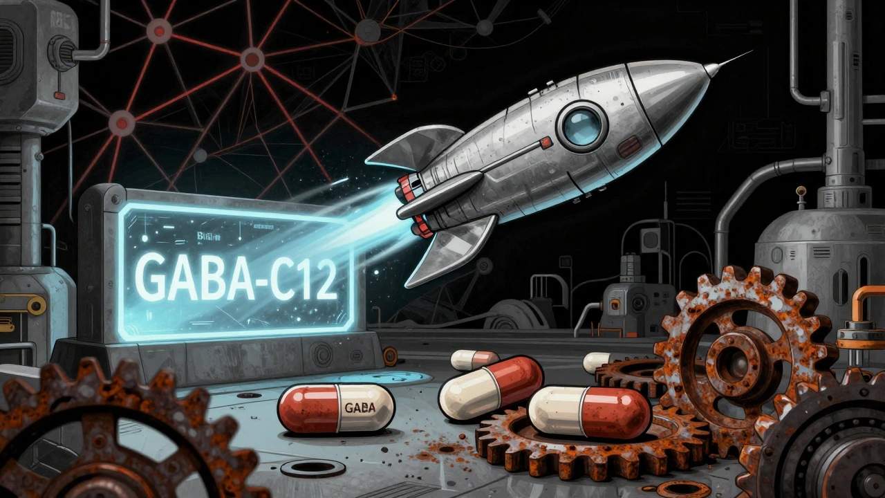 Zukünftiges GABA-Molekül als Rakete durchbricht Blut-Hirn-Schranke, alte Kapseln liegen unten.