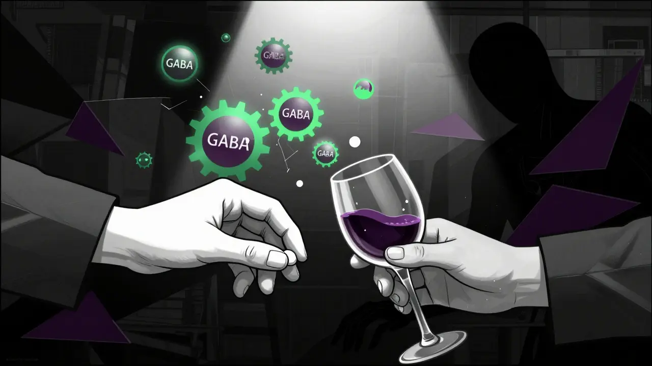 Zwei Hände, die eine Beruhigungstablette und ein Weinglas halten, verschmelzen zu einer bewusstlosen Figur mit zerbrochenen GABA-Rezeptoren.