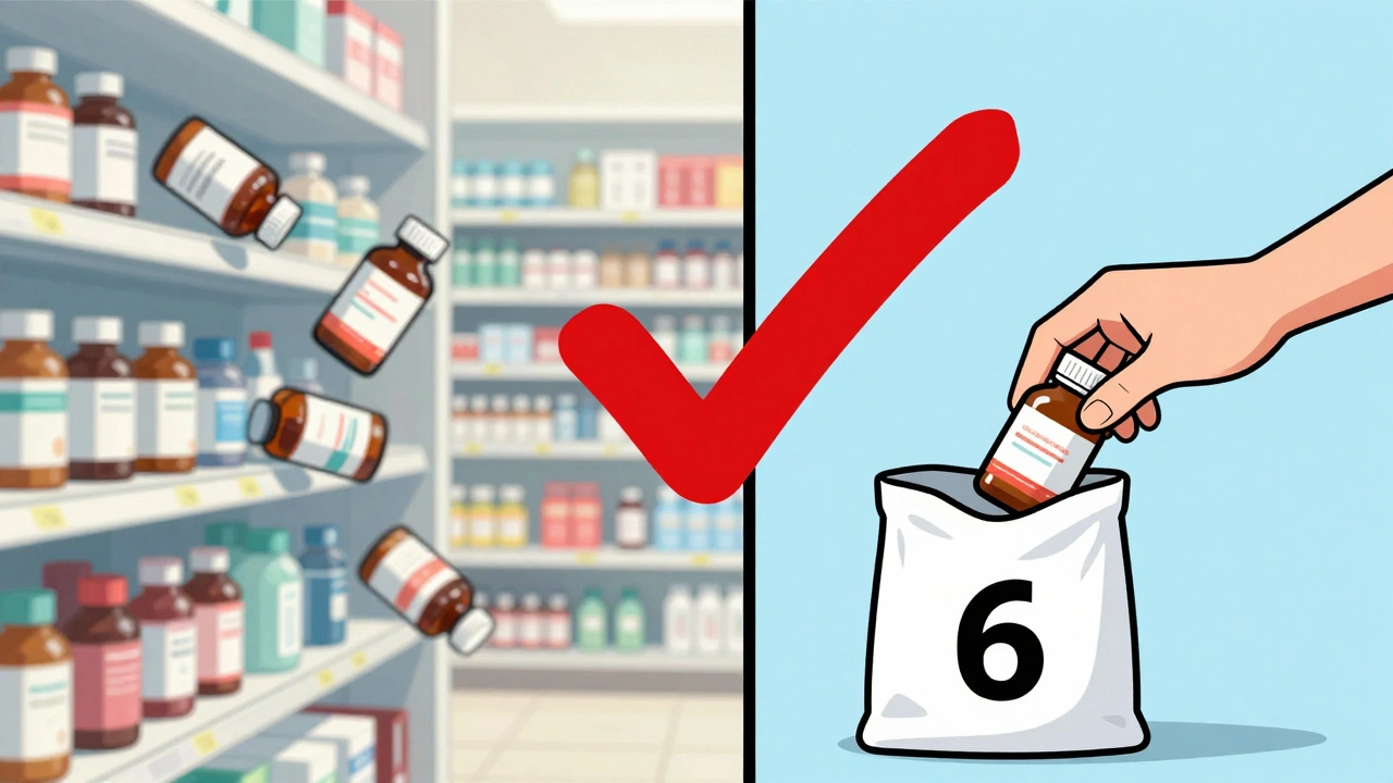 Zwei Szenen: chaotische falsch beschriftete Medikamente links, korrekte Flasche rechts mit rotem Haken.